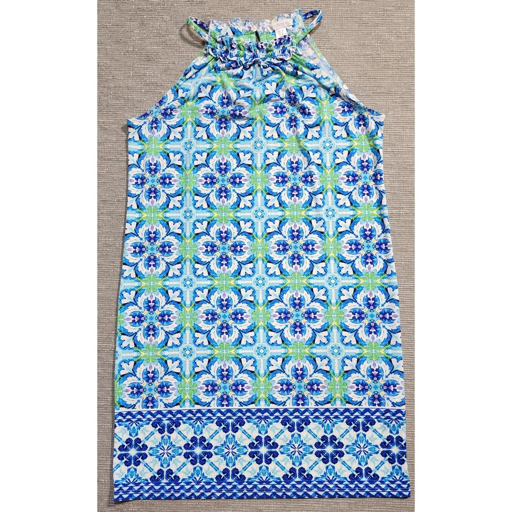 London Times Blue Green Tile‎ Print Ruffle Halter Shift Dress Womens Size 6